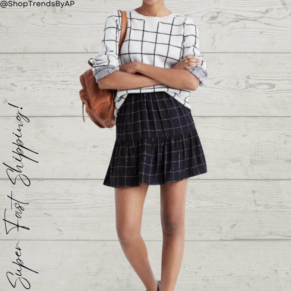 Madewell Windowpane Plaid Black and White Mini Skirt